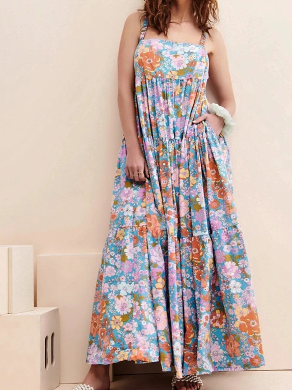 Free People Park Slope Maxi Dress Bluebell Combo Rare Floral L NWOT
